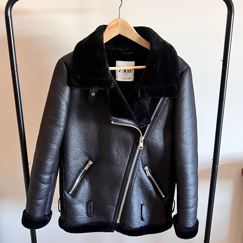 Zara Black Faux Leather and Fur Jacket